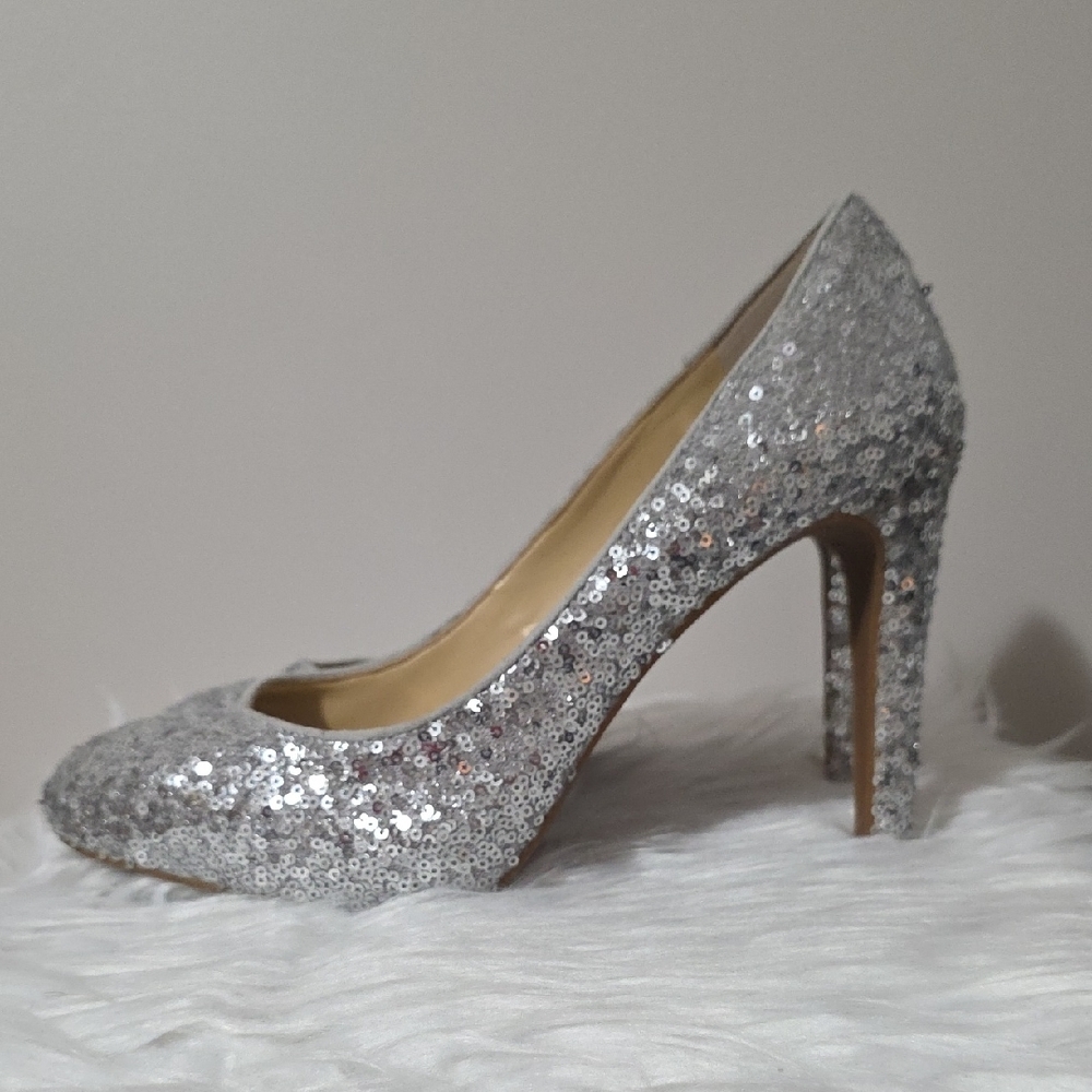 Gianni Bini Silver Sequin Pointed Toe Pumps | Padded Forefoot | 4.5" Heel - Picture 2 of 15